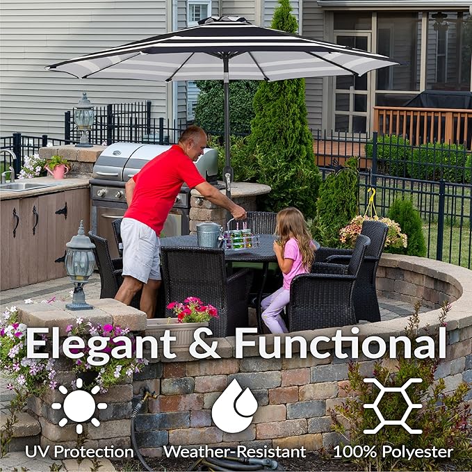 Sunnydaze Outdoor Patio Umbrella - Polyester Table Market Umbrella with Push-Button Tilt and Crank - 8 Sturdy Ribs - Navy Blue Stripe - 9ft