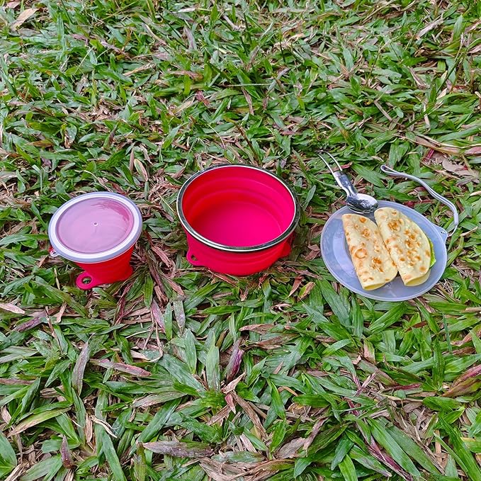 Mess Kit for Camping Silicone Collapsible Bowl Collapsible Cup and Stainless Steel Spoon for Backpacking Outdoor Hiking Traveling and Picnic - 2 Pack