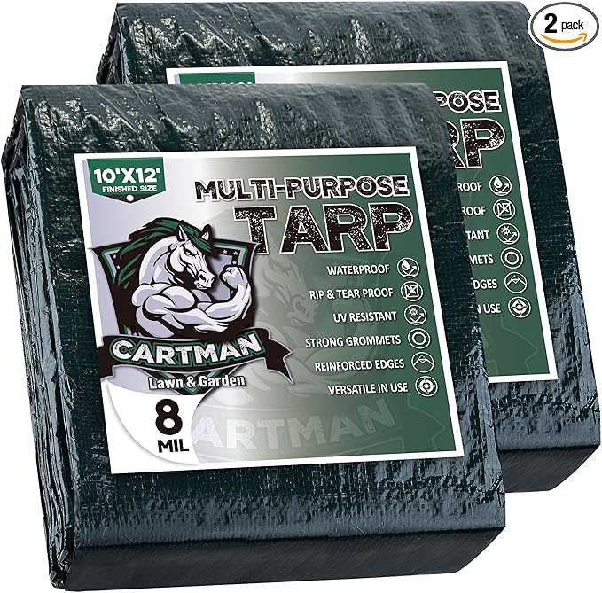 CARTMAN 2 Pack Finished Size 10x12 Feet Waterproof Green Tarp 8 Mil Thick, Multipurpose Protective Cover for Emergency Rain Shelter Camping Tarpaulin