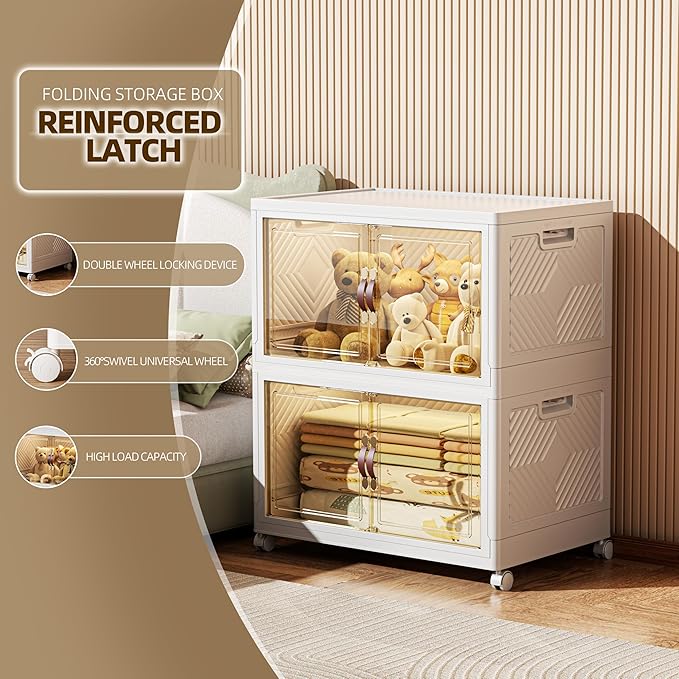 208 QT / 52 Gal Stackable Collapsible Storage Bins with Magnetic Doors & Wheels - Space-Saving Plastic Organizer Cabinet for Closet, Office, Home (White)