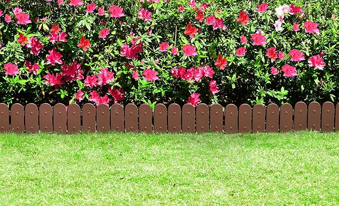 Evelyne Garden Border Edging: Wooden Fence Design - 16pcs Brown Yard Landscaping Fence Liner Lawn Edge Barrier - 20ft Kit of Decorative Lawn Landscape Panels Elements -Landscaping Edging-GMT-10374-A16