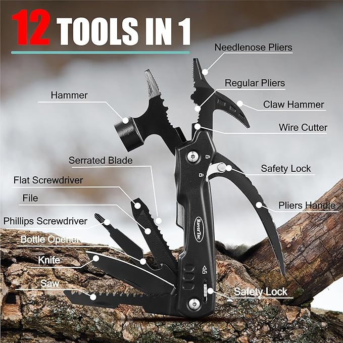 RoverTac Multitools Gift Set – 12-in-1 Multi Tool Hammer, LED Flashlight, Utility Knife in “I LOVE YOU” Gift Box – Tool Gift for Husband, Boyfriend, Him, Men – Camping Gear & Survival Tools