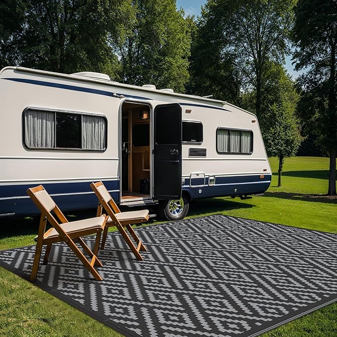 GENIMO Outdoor Rug Waterproof, 10' x 10' Reversible Plastic Straw Rug, Lightweight Large RV Camping Mat for Patio, Deck, Camper, Balcony, Backyard, Picnic, Black & Gray