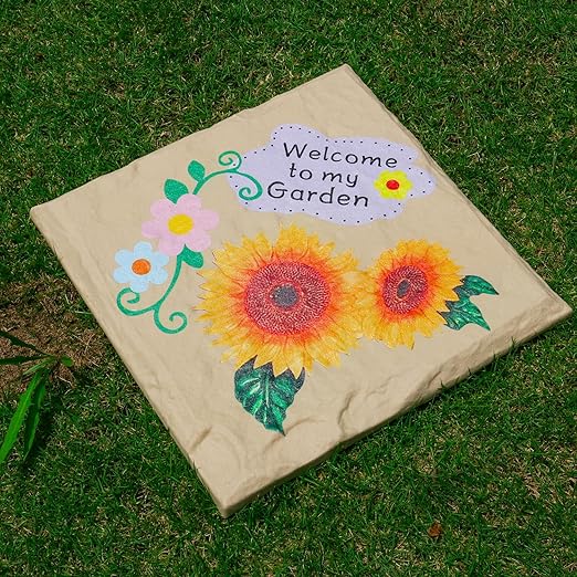 4Pcs Square Sunflower Stepping Stone Outdoor Garden Walkway, Durable Plastic Pavers for Patio, Pathway, and Landscaping, Weatherproof Stepping Stones with Ground Stakes for Easy Installation