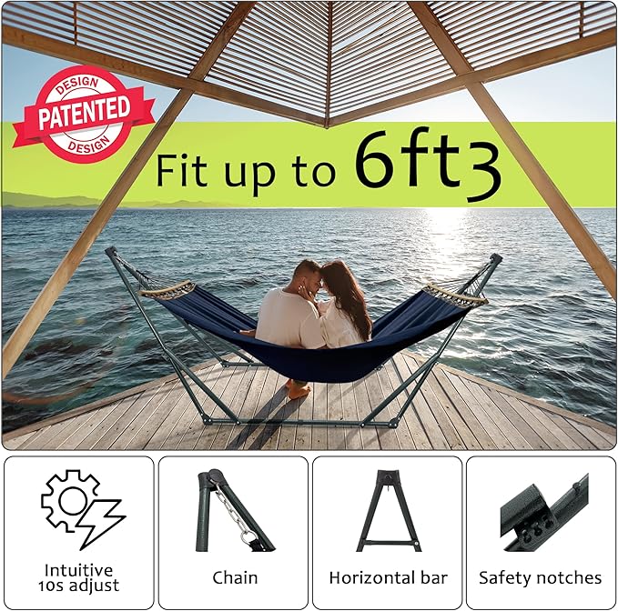 Tranquillo Ultimate Relaxation Portable Hammock Stand with Cotton Canvas Net, Spreader Bar, Quick Fold Unfold in 30 Seconds Steel Frame Hammock 600 lbs Capacity Outdoor, Navy