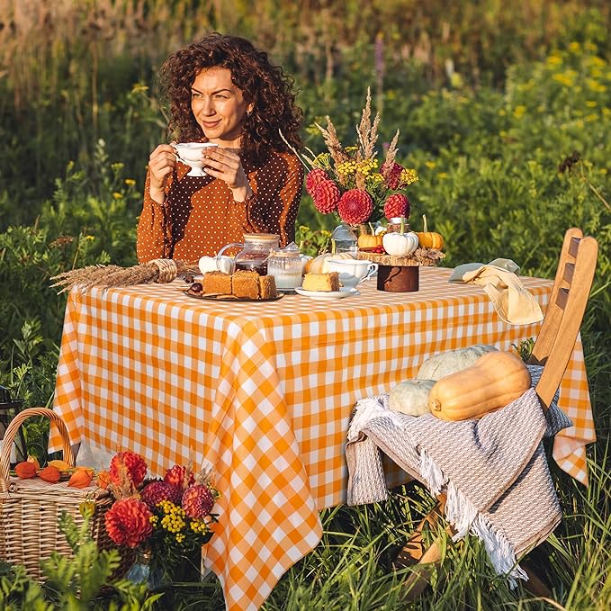 54 Inch x 300 Ft Orange Checkered Plastic Table Cloth Roll Disposable Waterproof Plastic Cover Roll with Easy Slide Cutter for Outdoor Picnic/Home Dining/Fall Thanksgiving Party Decoration