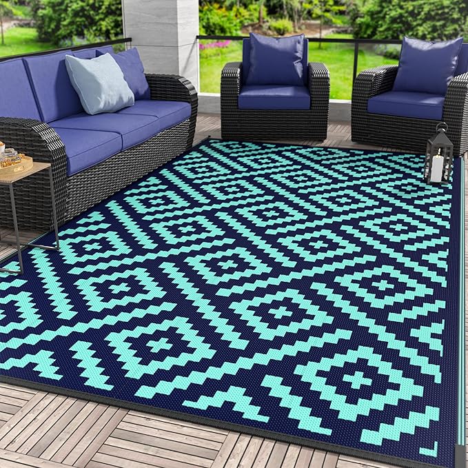 GENIMO Outdoor Rug for Patio Clearance, 6'x9' Waterproof Camping Mat, Reversible Plastic Straw Rugs for RV, Camper, Balcony, Backyard, Picnic, Deck (Navy Blue & Jade Green)