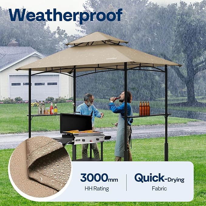 VIVOHOME Grill Gazebo Outdoor BBQ Patio Canopy Tent with Double Tiered Vented Top & 2 Side Shelves, Taupe
