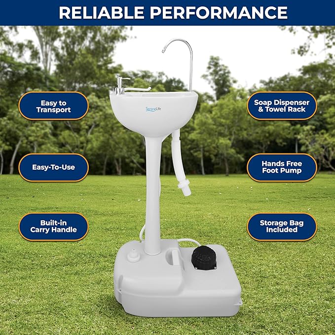 SereneLife Portable Camping Sink with 19L (5+ Gallon) Water Tank, Hands-Free Foot Pump, Soap Dispenser & Towel Holder, Compact Design with Carry Handle – Perfect for Camping, Worksites, Outdoors
