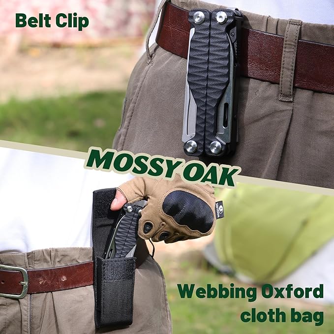 MOSSY OAK Multitool, 17-in-1 MultiTool Pliers with Nylon Sheath, Wire Stripper, Box Cutter, Bottle Opener, Screwdriver, Durable Multi Tool for Camping, Hiking, Hunting & EDC