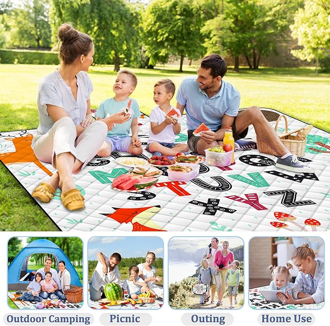 Poedist Extra Large Picnic Blanket Waterproof,80"x 80"Foldable Machine Washable Beach Blanket,Outdoor Blanket for 6-8 Adults,Suitable for Indoor Crawling,Park Beach,Camping,Hiking,Family Travel(ABC)