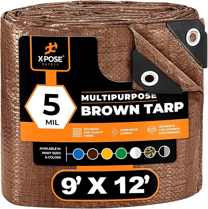 Multipurpose Protective Cover Brown Poly Tarp 9' x 12' - Durable, Water Resistant, Weather Resistant - 5 Mil Thick Polyethylene - by Xpose Safety