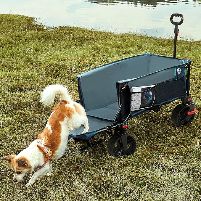 Timber Ridge 47" L Collapsible Wagon with Tailgate & Brake, 300lbs Heavy Duty Beach Wagon with All-Terrain Big Wheels, 250L Foldable Utility Cart for Sand Camping Sports Shopping, Blue