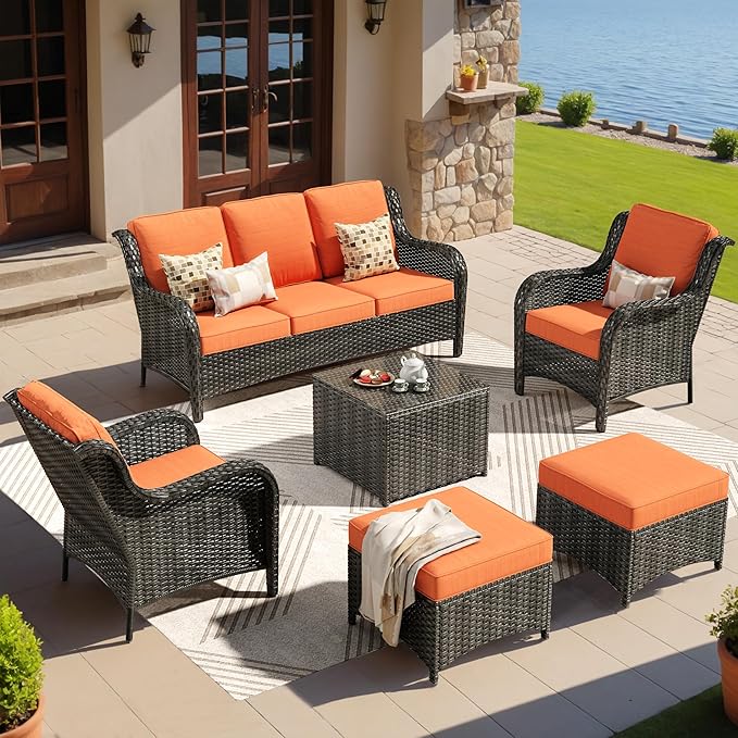 ovios 6 Pieces Patio Furniture Set, Outdoor Wicker Sofas with Glass Coffee Table and Comfy Cushions, All Weather High Back Couch Set for Deck Porch, Brown Rattan, Orange Red