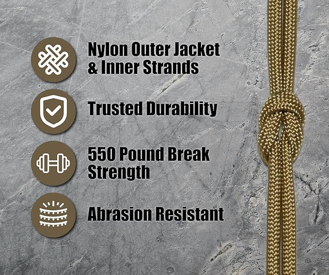 BORED? PARACORD! 550 lb Paracord - Ideal for Crafting, Camping, DIY Projects, Active & Military Outdoors - Strong Survival Rope - Tactical Parachute Cord Type III - Gold 50 Feet