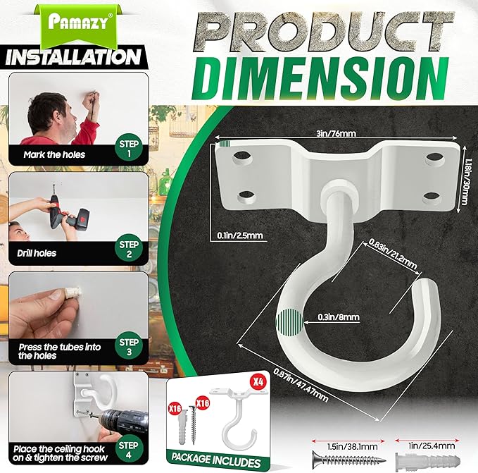 [Upgraded] 200LBS 4Pcs Rotatable Ceiling Hooks with 4 Screw Points Plate Base, White Wall Mount Metal Hanger for Hanging Plants, Bird Feeders, Lanterns, Lights, Wind Chimes, Indoor Outdoor Decor