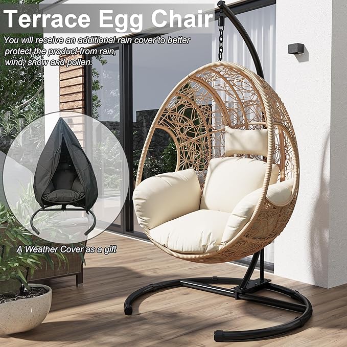 Hanging Egg Chair with Stand - Egg Swing Chair Outdoor Indoor Patio Wicker Chair Swing Hammock Egg Chairs 400lbs Capacity for Outside Patio, Bedroom, Garden and Balcony (Beige-nest, 2P)
