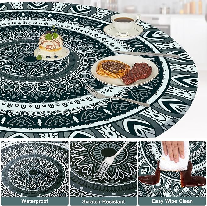 Round Tablecloth Fitted Elastic Table Cover Waterproof Table Cloth for Dinner, Party, Picnic,Camping, Round Table Cover for Indoor Outdoor