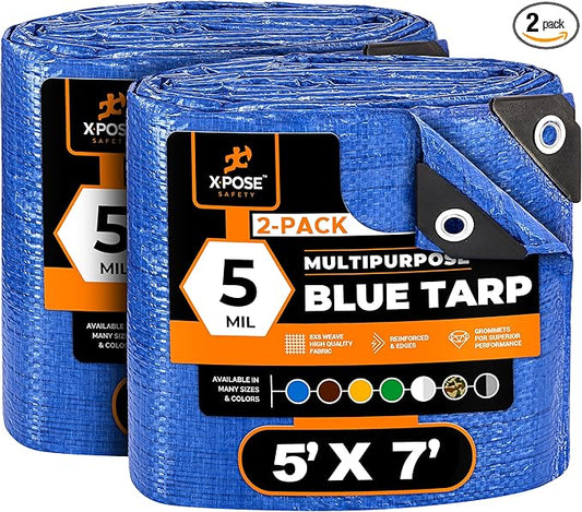 Better Blue Poly Tarp 5' x 7' (2-Pack) - Multipurpose Protective Cover - Lightweight, Durable, Waterproof, Weather Proof - 5 Mil Thick Polyethylene - by Xpose Safety