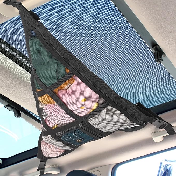 Kaskawise 31.5"x21.6" Car Ceiling Cargo Net – Double-Layer Roof Storage Organizer for 3-Handle & 4-Handle Vehicles, Perfect for Road Trips & Car Camping