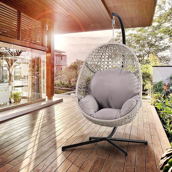 PRIVATE GARDEN Indoor Outdoor Hammock Egg Chair with Stand Large Hanging Chair Wicker Rattan Swing Chair with Removable Cushion 330LBS Capacity for Bedroom Patio Balcony