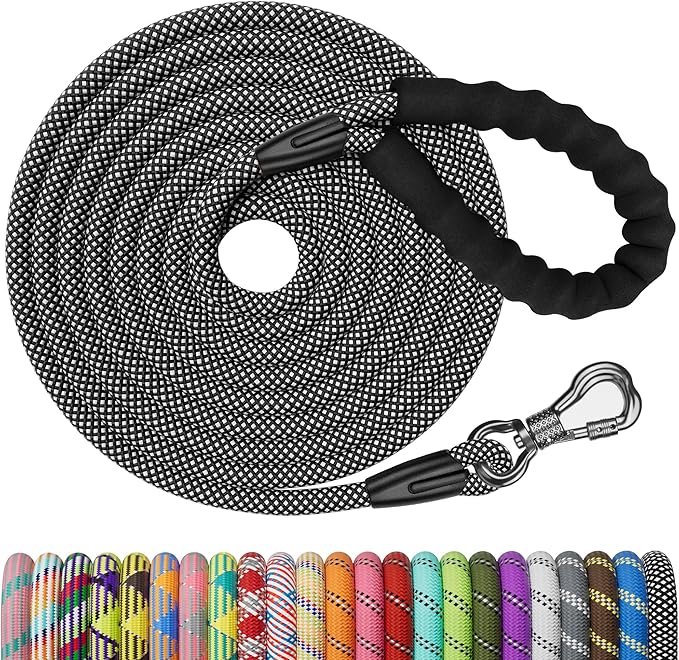 NTR 50FT Long Dog Leash - Black Rope with Swivel Lockable Hook and Comfortable Padded Handle - Dog Training Leash for Walking, Hunting, Camping, Backyard - Suitable for Small, Medium, and Large Dogs