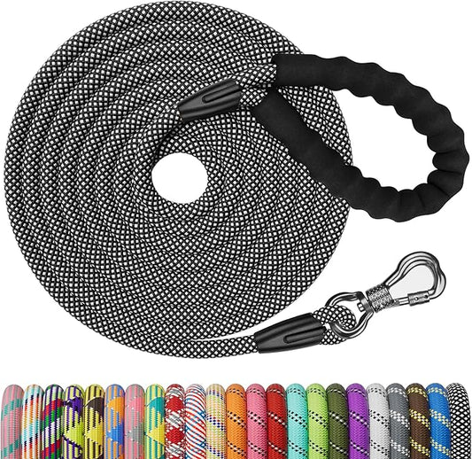 NTR Heavy Duty Dog Leash,20FT Rope Leash for Training with Swivel Lockable Hook,Reflective Threads and Comfortable Handle,Dog Lead Walking,Hunting,Camping Medium Large (Black), 20ft*3/5/''