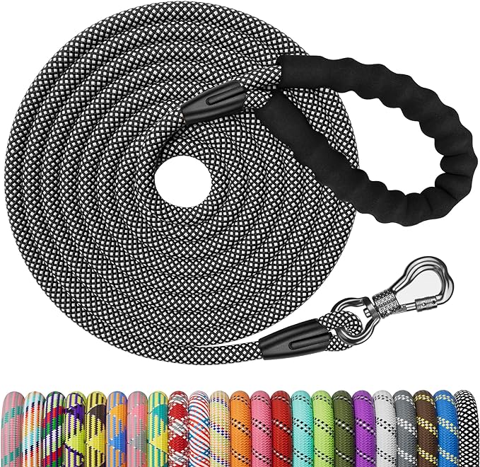 NTR 30FT Puppy Leash, Nylon Rope Long Dog Leash with Swivel Lockable Hook and Comfortable Padded Handle, Dog Line Tether for Small Medium Large Dogs Training, Playing, Camping, or Backyard