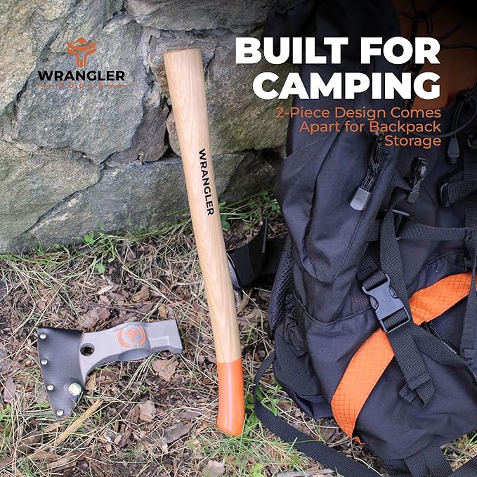 Wrangler Tools - Titanium Camping Axe - 18" & 11.5" Wood Hickory Handles - Tomahawk Axe Hammer End - 2-Piece Slip-Fit Design - Includes Blade Sheath and 2 Handles - Survival Axe