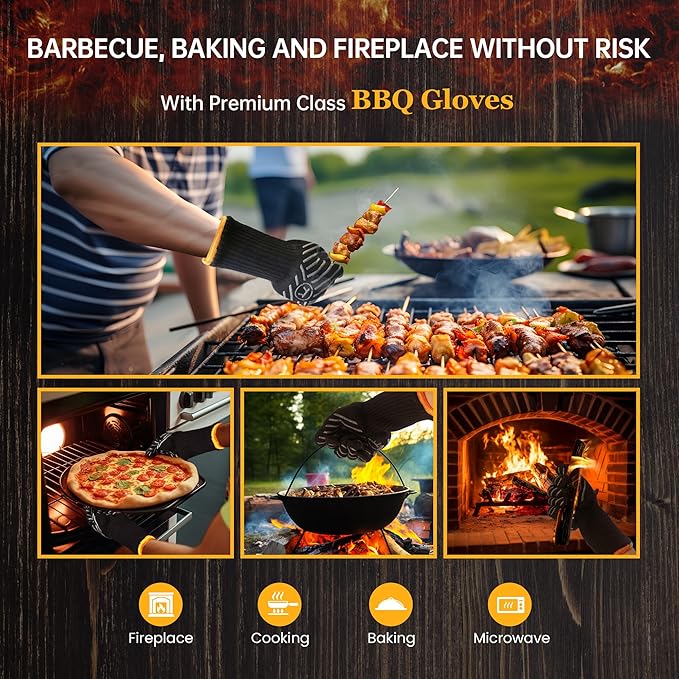 HandLove BBQ Gloves, Oven Gloves with Fingers –1472℉ Heat Resistant Gloves for Grilling | Aramid Retardant Non-Slip Grip, Long Cuff Mitts, Black,M