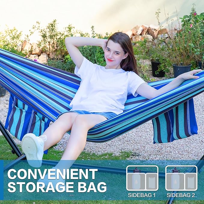 PNAEUT Double Hammocks with Stand for Outside, Portable Space Saving Heavy-Duty Steel Stand for Indoor Outdoor Patio with Carrying Bag, 450 lbs Capacity (Blue Lagoon)