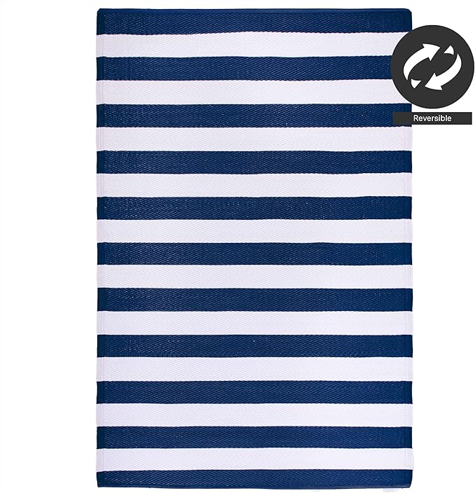 FH Home Outdoor Rug - Waterproof, Fade Resistant, Reversible - Premium Recycled Plastic - Striped - Porch, Deck, Balcony, Mudroom, Laundry Room, Patio - Brittany - Blue & White Crease Free - 3 x 5 ft