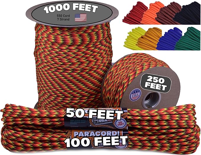 BORED? PARACORD! 550 lb Paracord - Ideal for Crafting, Camping, DIY Projects, Active & Military Outdoors - Strong Survival Rope - Tactical Parachute Cord Type III - Fireball 100 Feet
