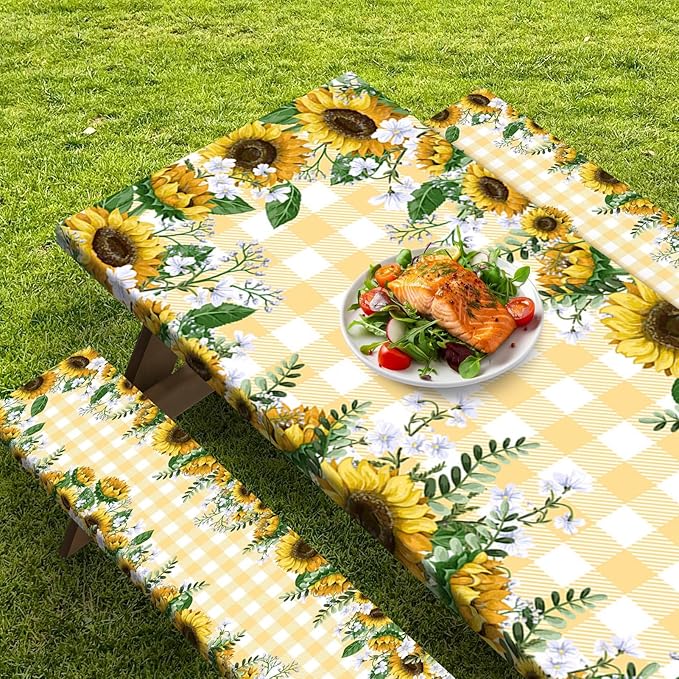 Picnic Table Cover with Bench Covers Elastic Edges, Yellow Fitted Table Cover, Outdoor Patio Camping Essentials 72 Inch 3PCS, Waterproof Camping Fitted Tablecloth with Drawstring Bag