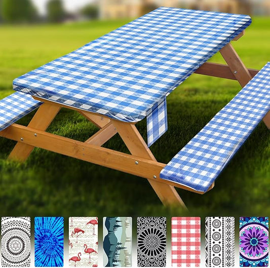 Fitted Picnic Table Cover with Bench Covers Waterproof Elastic Edges Rectangle Patio Tablecloth Outdoor Camping Essentials Stuff Rv Accessories Summer Trip Travel Supplies Party Camper Gifts, 8 ft