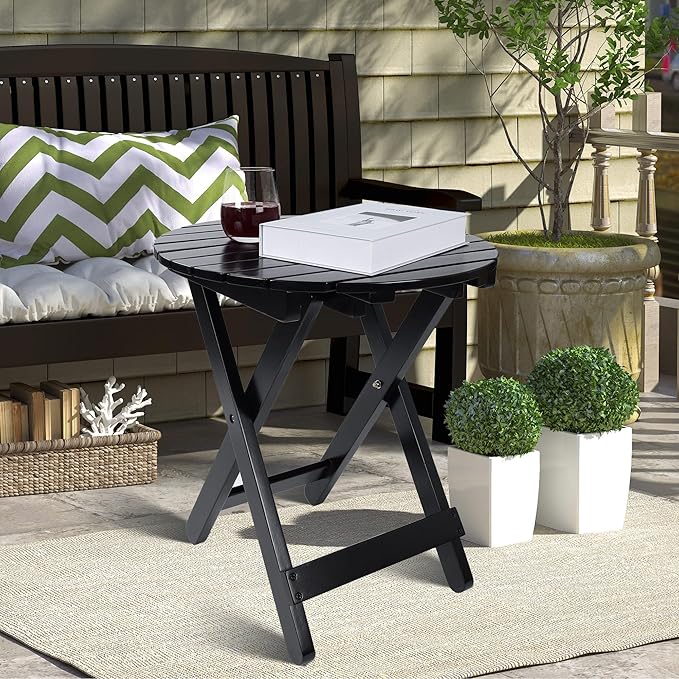 Outdoor Patio Side Table Round Small Wood End Table Folding Coffee Furniture for Living Room, Bedroom, Plant Stand, Camping Portable Black