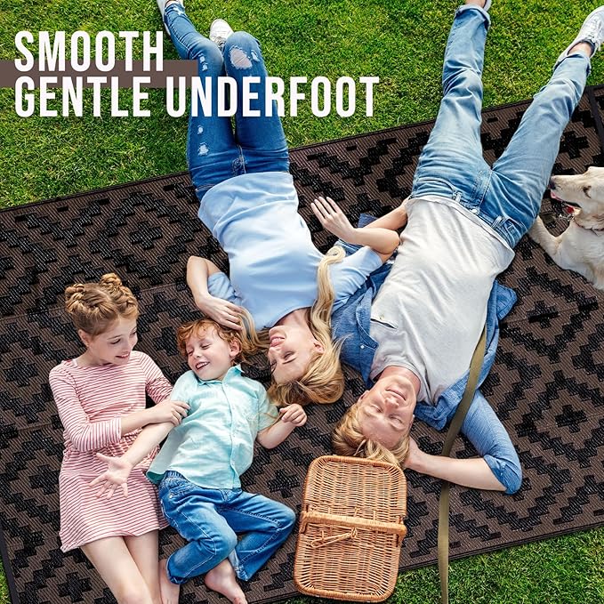 OLANLY Waterproof Outdoor Rug 10x14 ft, Outdoor Plastic Straw Rug for Camping, RV Mat Outside, Outdoor Carpet for Porch, Deck, Backyard, Balcony, Picnic, Black & Brown