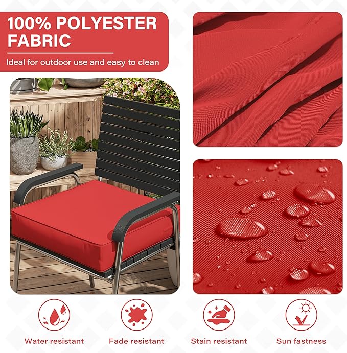 Patio Chair Cushions 24 X 24 X 5 Inch Waterproof Outdoor Seat Cushions for Patio Furniture, Outdoor Sofa Couch Pads with Ties & Handle, Set of 2, Red