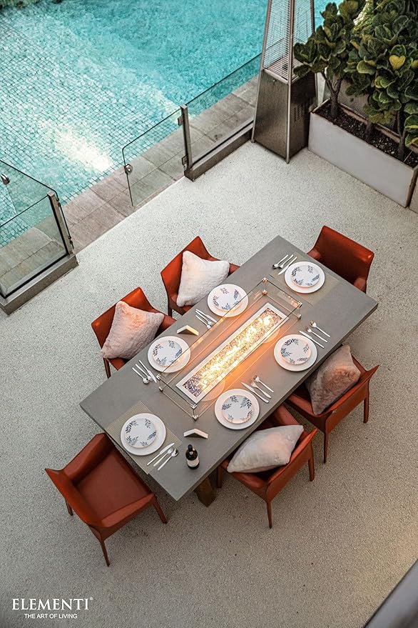 Elementi | Bundle Sonoma Gas Fire Pit Cast Concrete Rectangular Dining Fire Table, Outdoor Fire Pit Electronic Ignition | Canvas Cover, Lava Rock Included | Natural Gas
