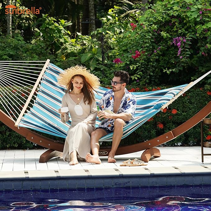 Lazy Daze 12 FT Sunbrella Fabric Hammock not Fading with Spreader Bars and Free Pillow Fits for Two Persons, All Weather and Fade Resistant for Patio Yard, 450 lbs Weight Capacity, Token Surfside