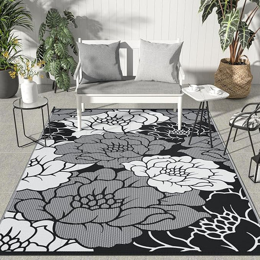 GENIMO Outdoor Rug Waterproof for Patio Decor, 8' x 10' Reversible Plastic Straw Floral Camping Carpet, Large Area Rugs Mats for RV, Camper, Deck, Balcony, Porch, Beach, Picnic, Mix-Black & White