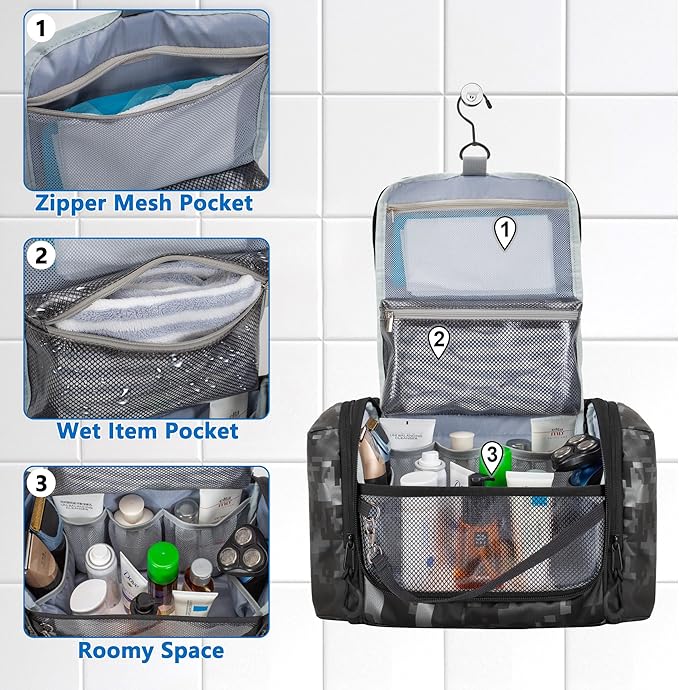 Hanging Toiletry Bag for Men, Tactical Dopp Kit Toiletry Travel Bag, Large Hygiene Organizer Shower Bag for Camping Outdoor, Black Digital