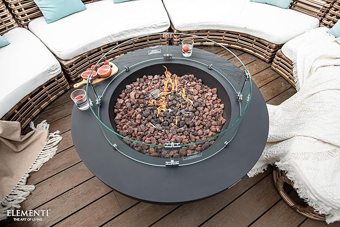 Elementi | Bundle Lunar Gas Fire Pit Cast Concrete 42" Round Fire Table, Outdoor Fire Pit Electronic Ignition | Canvas Cover, Lava Rock Included | Dark Gray (Natural Gas)