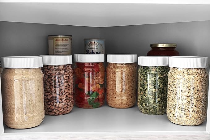 Pinnacle Mercantile Plastic Jars with Screw on Lined Lids 6 Pack 32 ounce Wide Mouth Food Storage Containers