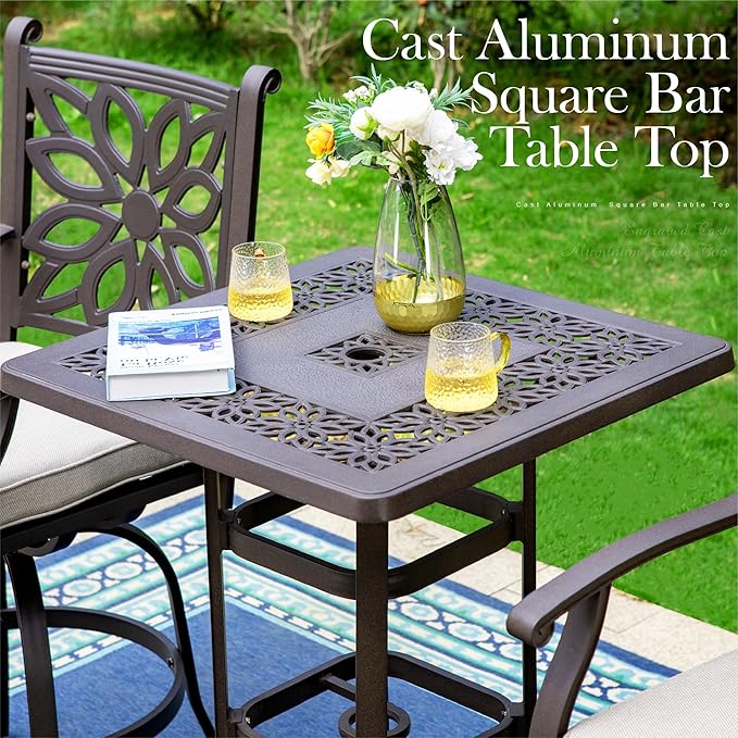PHI VILLA Cast Aluminum Outdoor Patio Bar Tables, Outdoor Frosted Surface Square Bar Height Bistro Table - 42" Pub Height