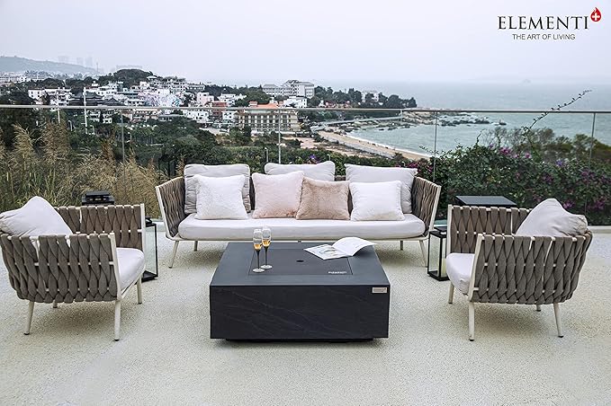 Elementi+ | Roraima Gas Fire Pit Cast Concrete 40" Square Fire Table, Outdoor Fire Pit Electronic Ignition | Canvas Cover, Fire Glass and Burner Lid Included | Dark Gray | Propane Gas