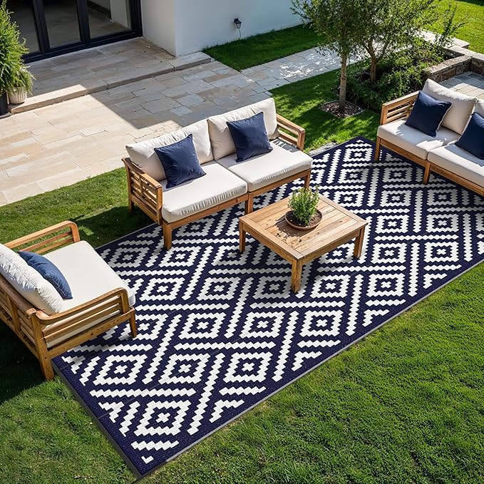 GENIMO Outdoor Rug for Patio Clearance, 9'x18' Waterproof Camping Mat, Reversible Plastic Straw Rugs for RV, Camper, Balcony, Backyard, Picnic, Deck (Navy Blue & White)