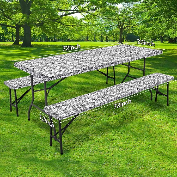 DYNH 3 Pcs Picnic Table Cover with Bench Covers, 8ft Elegant Patterns Waterproof Reusable Elastic Fitted Rectangle Picnic Table Cloths,30x96IN Picnic Tablecloth for Camping Patio Travel Outdoor