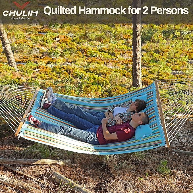 12 FT Double Quilted Fabric Hammock with Spreader Bars and Pillow 450 LBS Weight Capacity 2 Person Hammock for Outdoor Patio Backyard Poolside Blue Stripes
