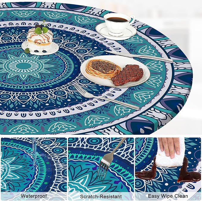 Round Tablecloth Fitted Elastic Table Cover Waterproof Table Cloth for Dinner, Party, Picnic,Camping, Round Table Cover for Indoor Outdoor